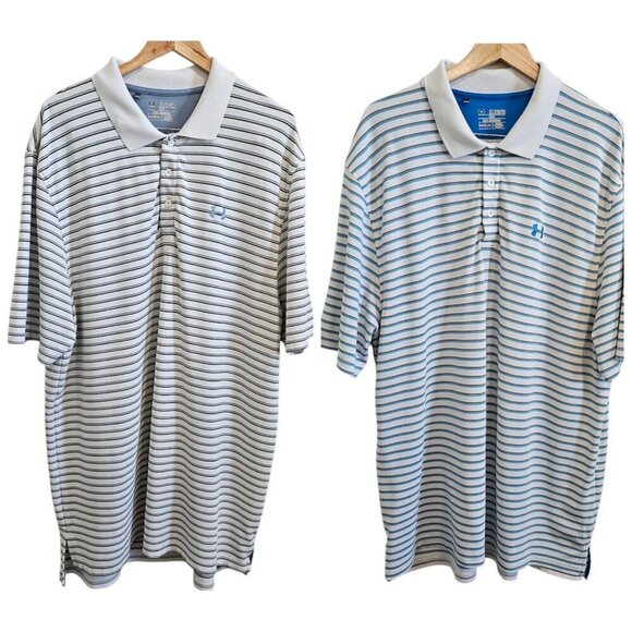 SET OF TWO Under Armour Loose Stripe Collared Polo Short Sleeve Shirt Golf 2XL - Picture 1 of 15